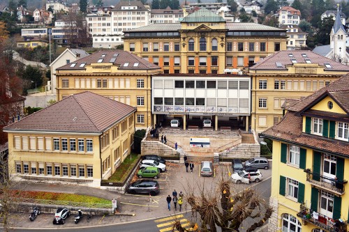 Areal view of the main building of the Bern University of Applied Sciences Department of Technology and Information Technology at Quellgasse 21 in Biel/Bienne, Switzerland