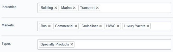 Screenshot of attributes fields, showing different selected industries, markets and product types