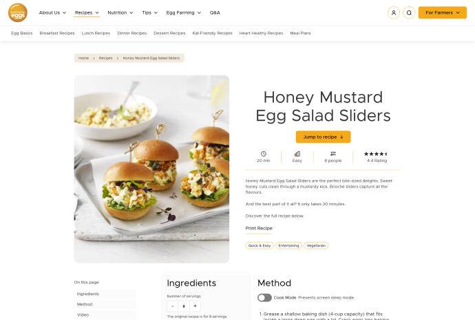 recipe detail page with updated elements and servings calculator