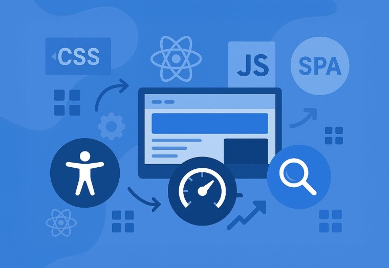 illustration with computer scrren and icons for accessibility, performance ans seo