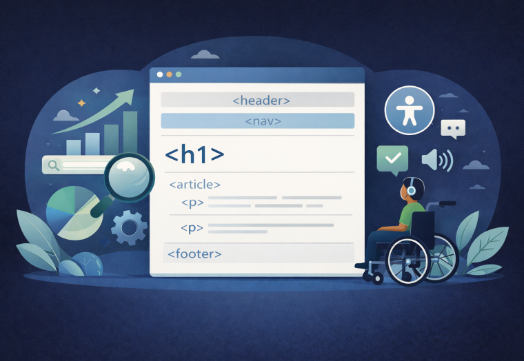 illustration of a html document with semantic elements and accessibility icons