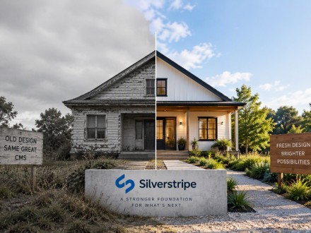 A split view of a house showing an old, worn exterior on the left and a freshly renovated, bright exterior on the right, with signs highlighting “OLD DESIGN” and “FRESH DESIGN,” plus a Silverstripe logo in front.
