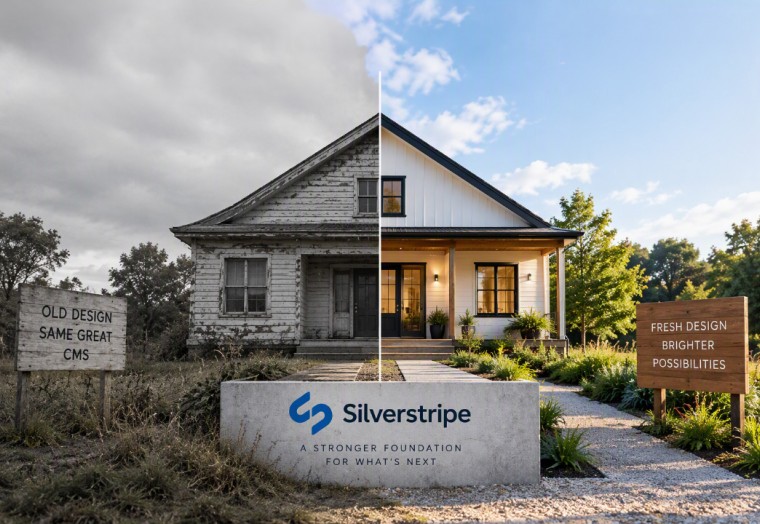 A split view of a house showing an old, worn exterior on the left and a freshly renovated, bright exterior on the right, with signs highlighting “OLD DESIGN” and “FRESH DESIGN,” plus a Silverstripe logo in front.