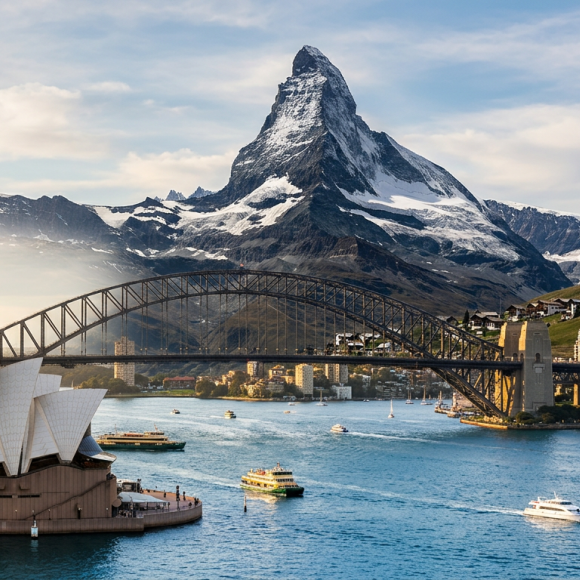 AI generated image combining the Sydney Harbour Bridge and the Matterhorn mountain
