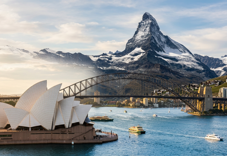 AI generated image combining the Sydney Harbour Bridge and the Matterhorn mountain