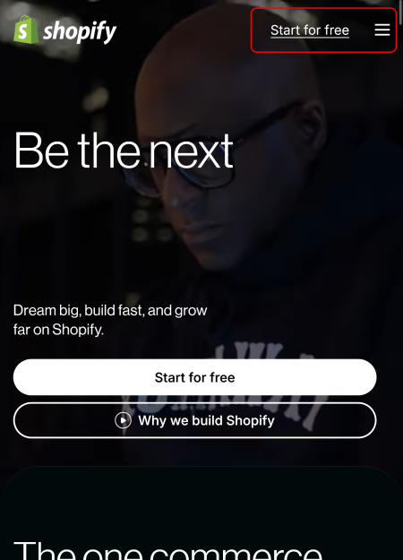 Shopify website with main CTA next to hamburger menu