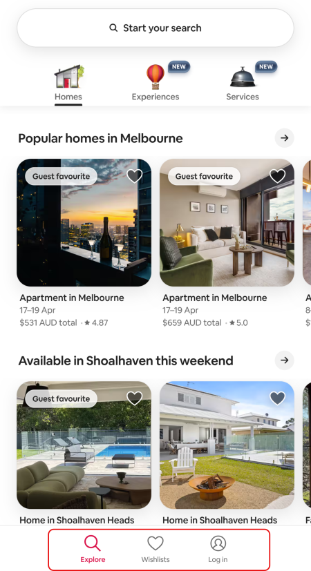Screenshot of the Airbnb website with the three main actions displayed in a dock at the bottom of the screen