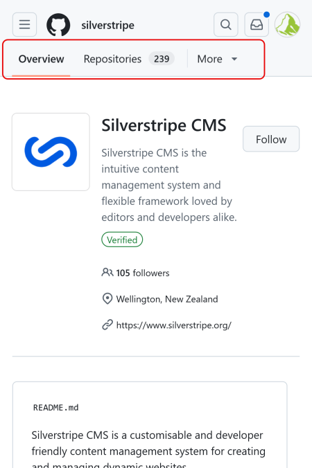 Screenshot of GitHub profile page with Priority+ menu pattern used for main menu