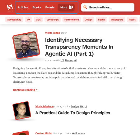 Screenshow of Smashing Magazine website using Priority+ menu pattern