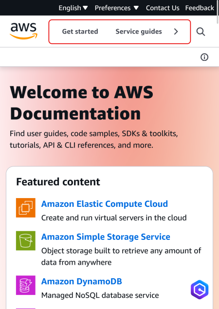 AWS documentation website with horizontally scrollable main menu