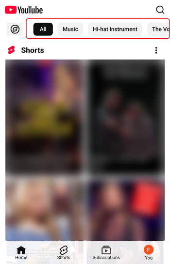 YouTube website with category menu scrollable horizontally