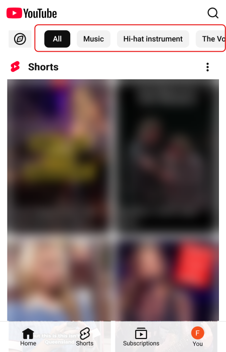 YouTUbe website with category menu scrollable horizontally